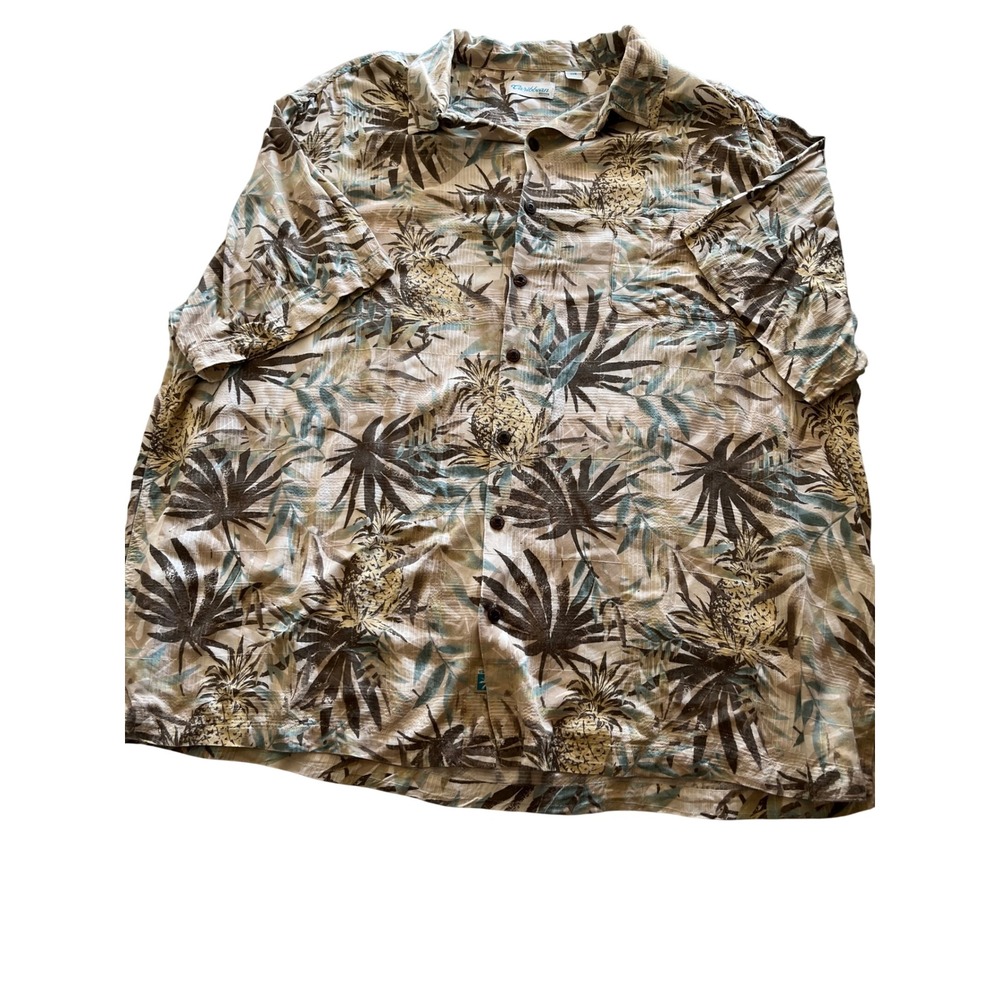 Caribbean Mens 3XB Pineapple Palm Tropical Rayon Button Down Shirt Tan Brown 3XL